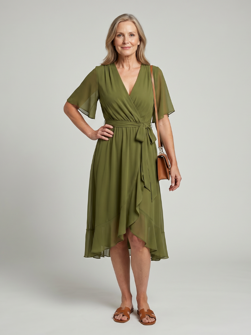 Tamsinlia | Short Sleeve Wrap Soft Flowing Hem Midi Dress