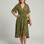 Tamsinlia | Short Sleeve Wrap Soft Flowing Hem Midi Dress