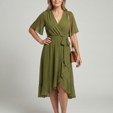 Tamsinlia | Short Sleeve Wrap Soft Flowing Hem Midi Dress
