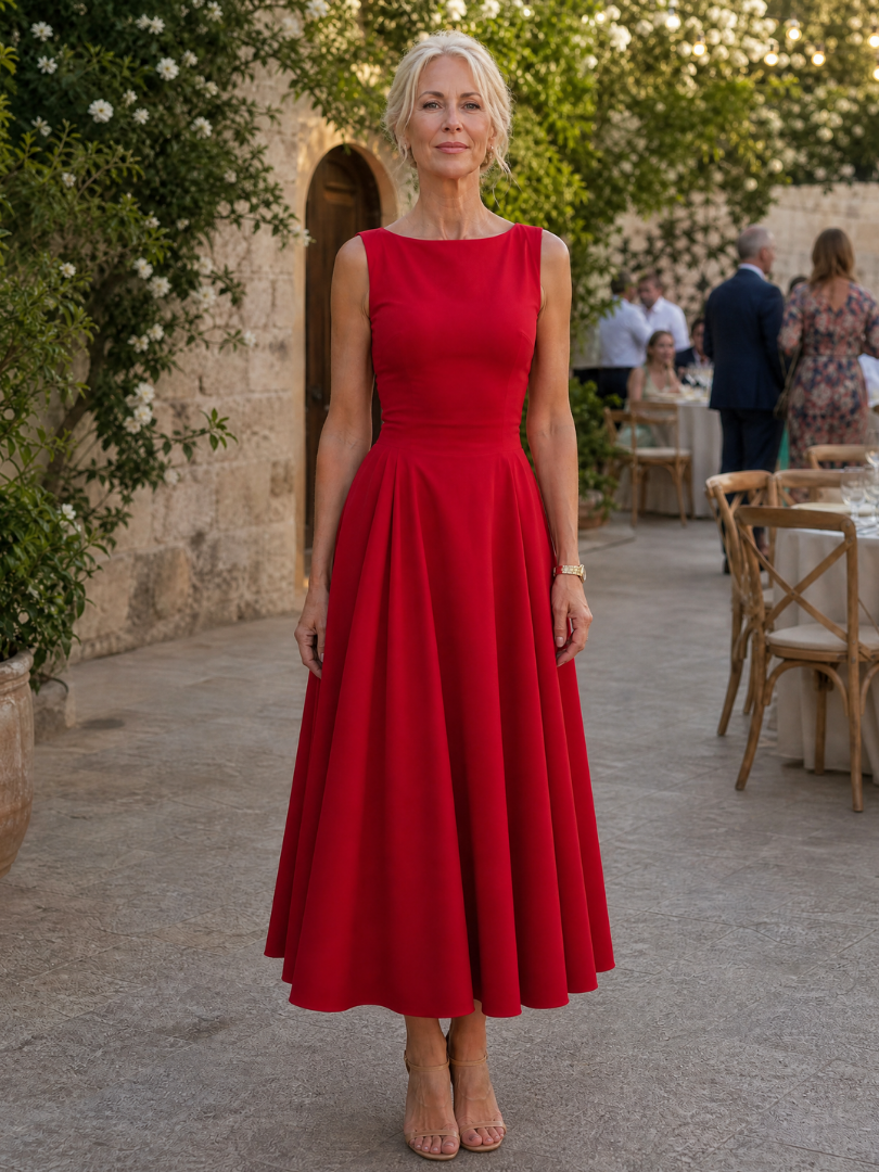 Rosmarie | Sleeveless Crew Neck Fitted Bodice Midi Dress