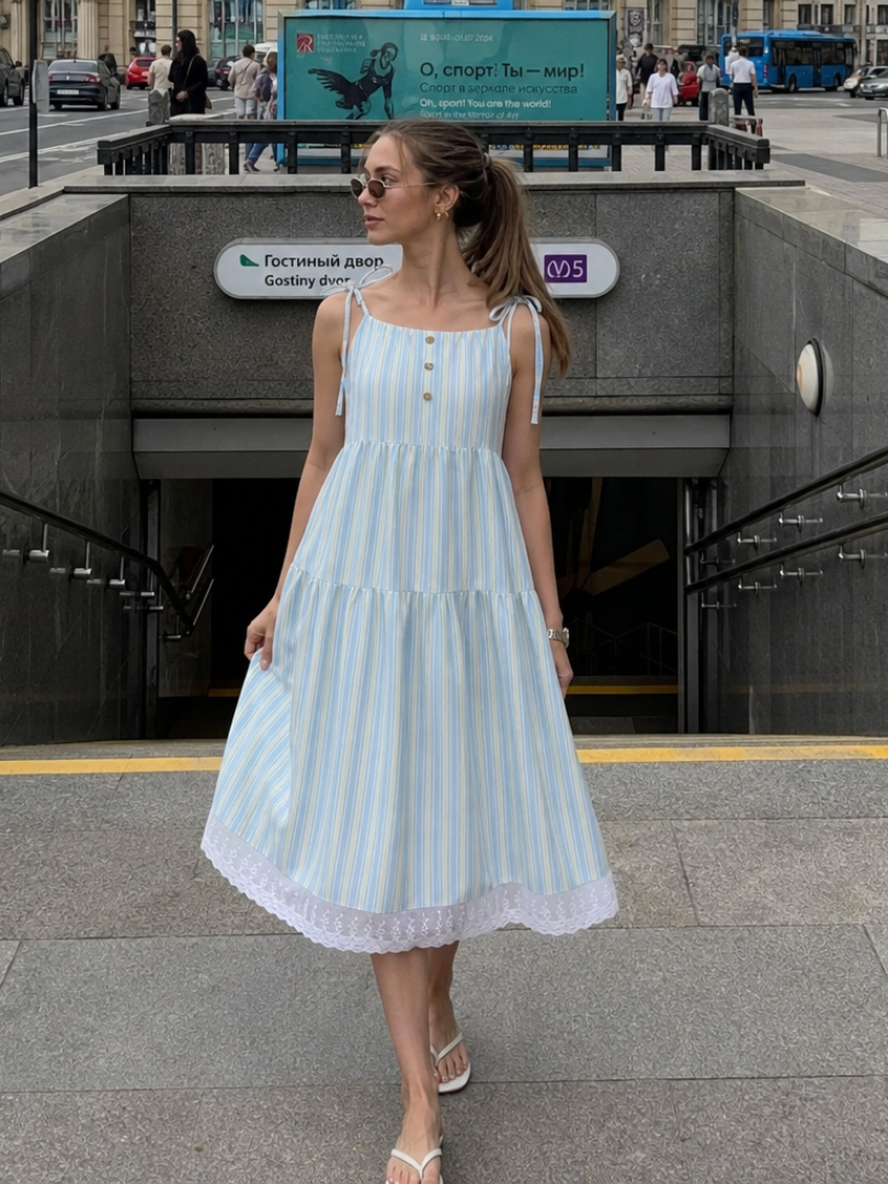 Pruthea | Sleeveless Tie Strap Stripe Pattern Midi Dress