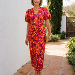 Hilasia | Abstract Print Puff Sleeve Ruched Midi Dress