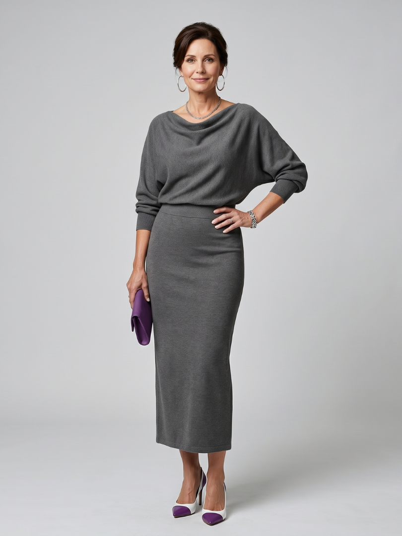 Saffwynne | Draped Neckline Fitted Skirt Midi Dress
