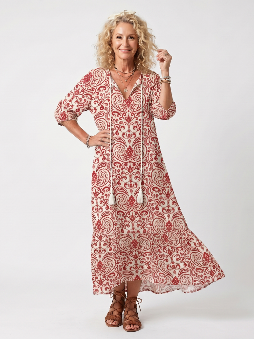 Penlette | Ornate Print Tassel Tie Midi Dress
