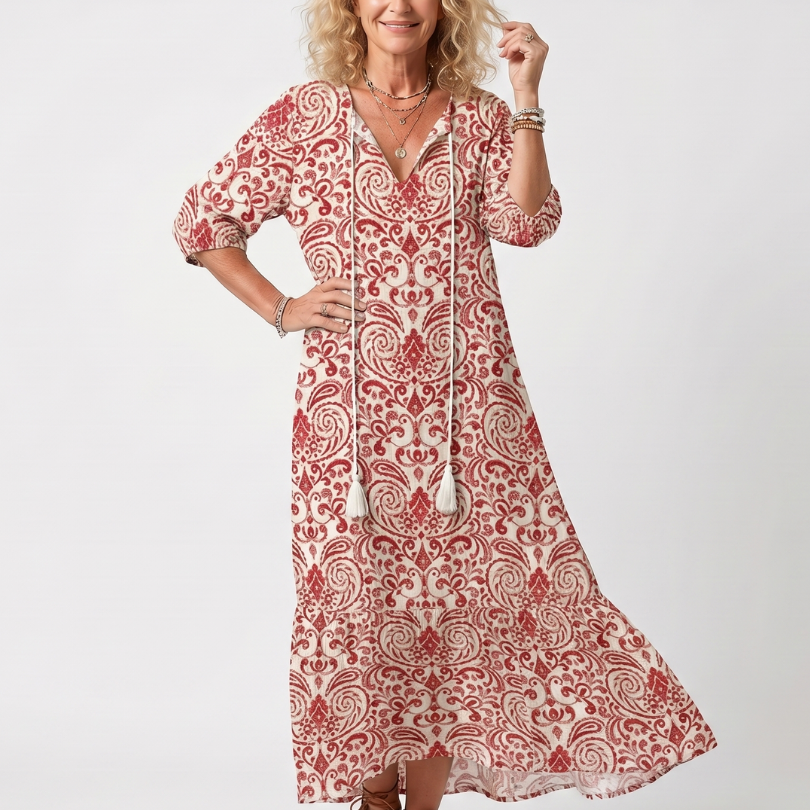 Penlette | Ornate Print Tassel Tie Midi Dress