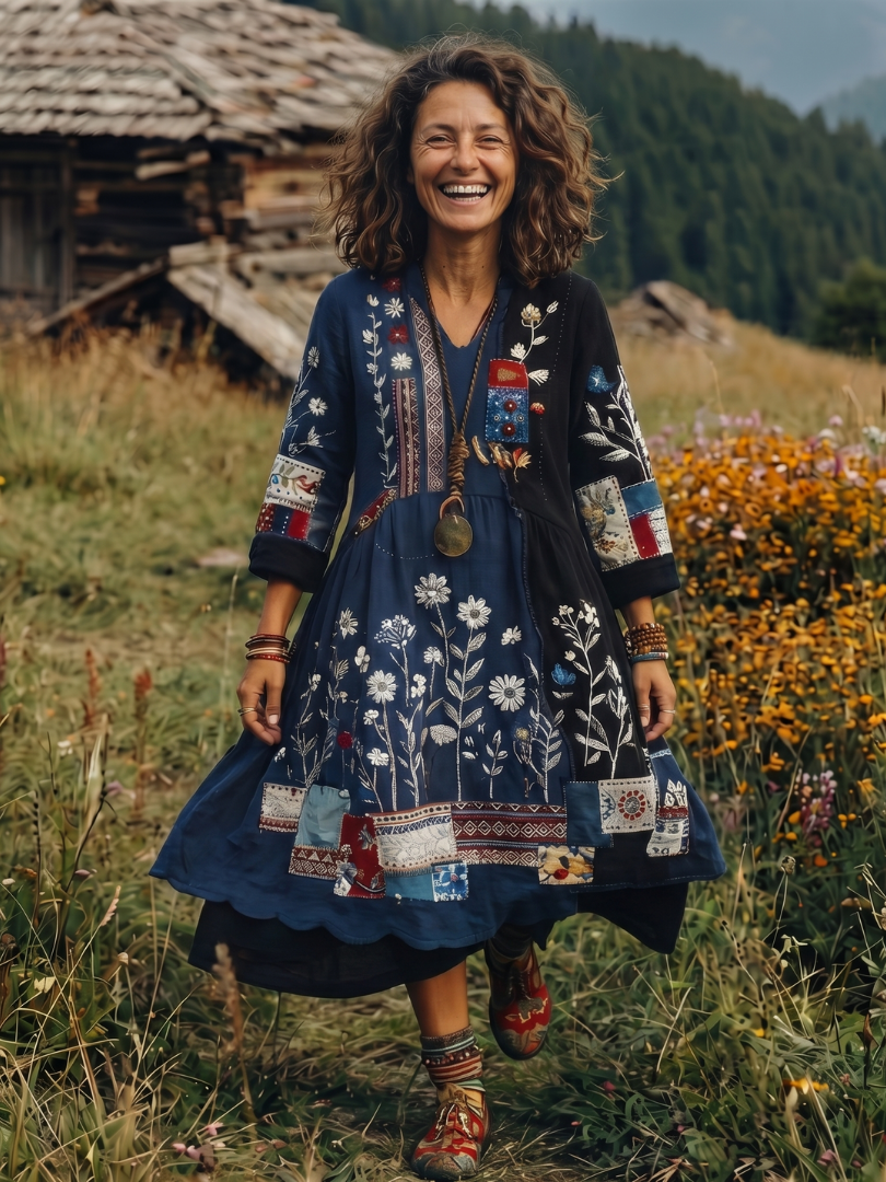 Fiodra | Embroidered Panel Long Sleeve Midi Dress