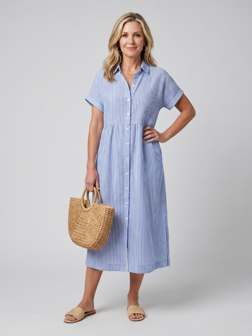 Roslora | Short Sleeve Stripe Pattern Midi Dress