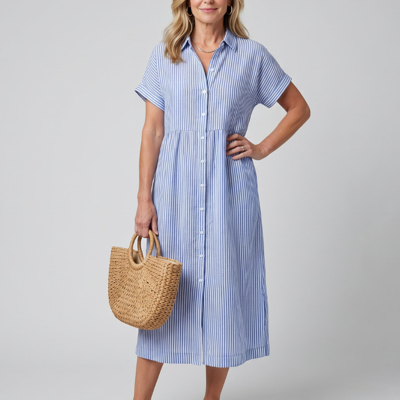 Roslora | Short Sleeve Stripe Pattern Midi Dress