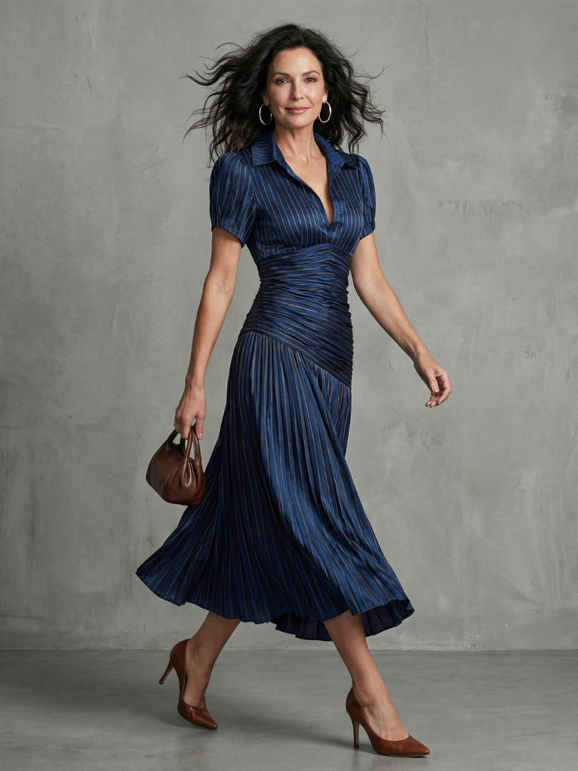 Mirna | Pleated Waistline Stripe Midi Dress