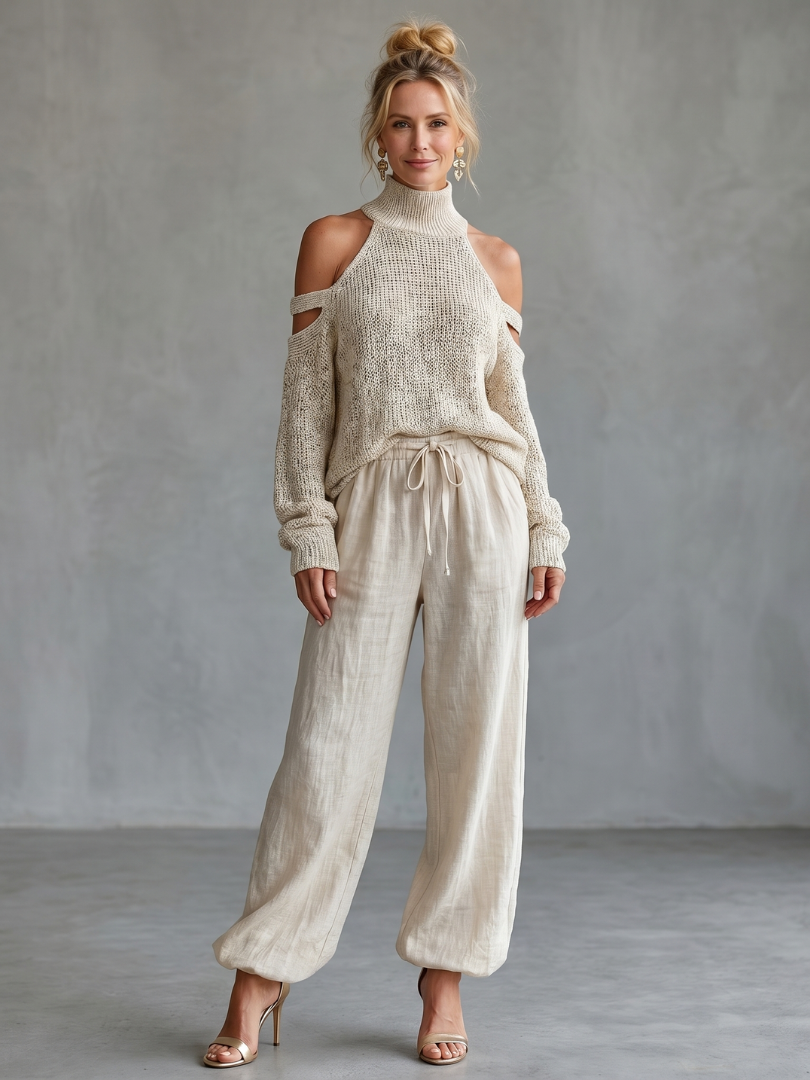 Dahlette | Open Shoulder Knit Top And Wide Leg Pants Set