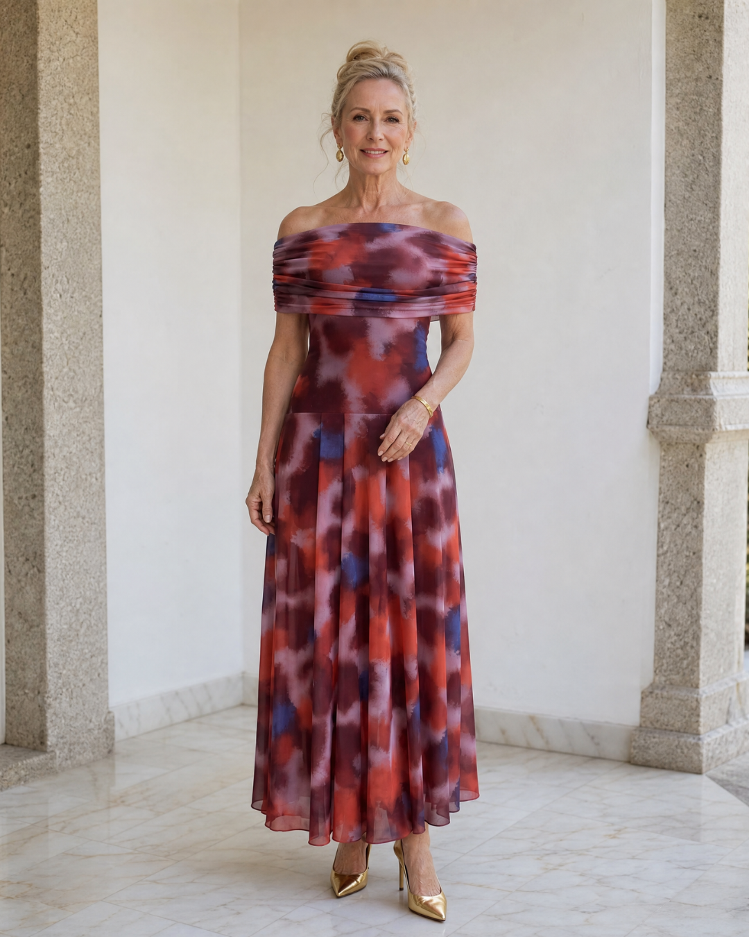 Sennia | Off Shoulder Watercolor Print Flowing Midi Dress