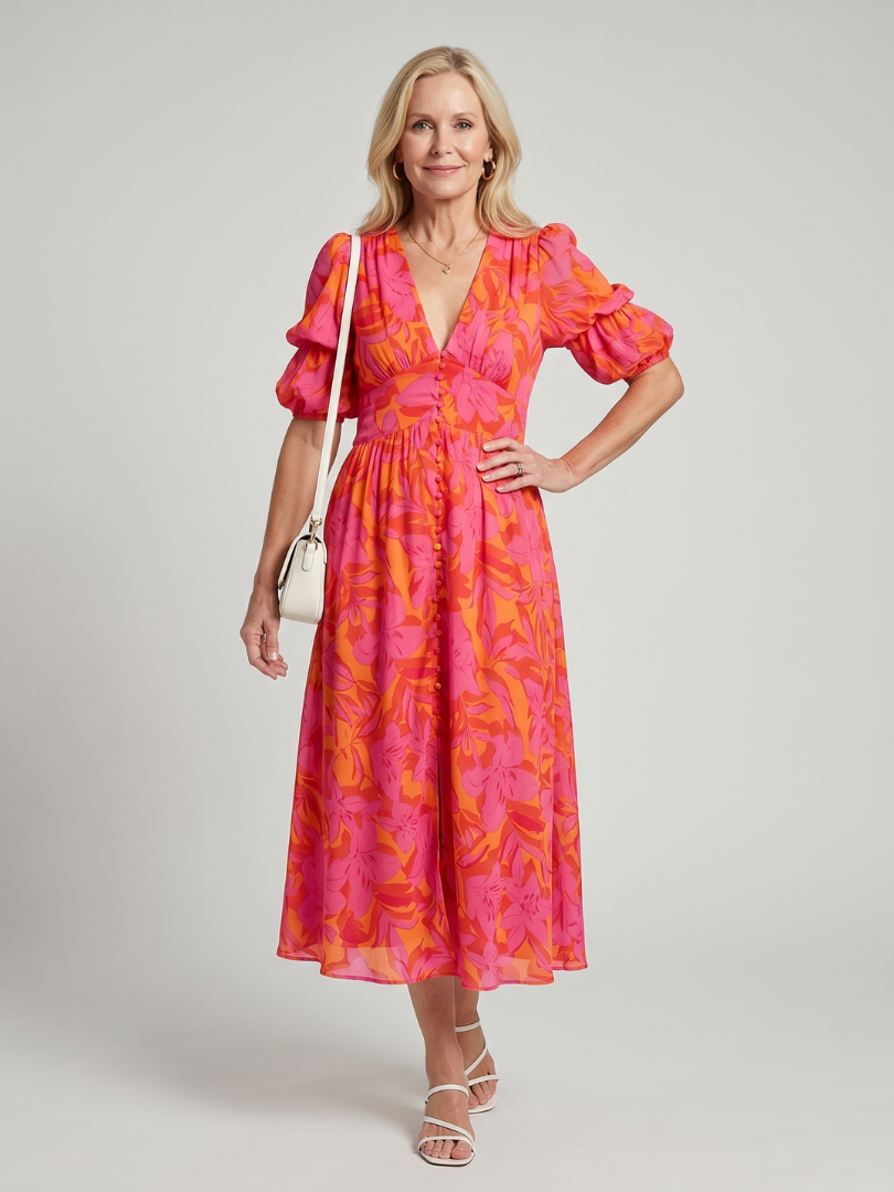 Lunrin | Puff Sleeve V Neck Bold Floral Print Midi Dress