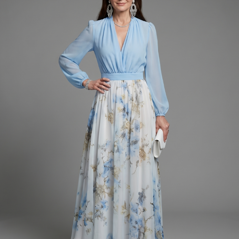Tovabelle | V Neck Sheer Bodice Floral Maxi Dress