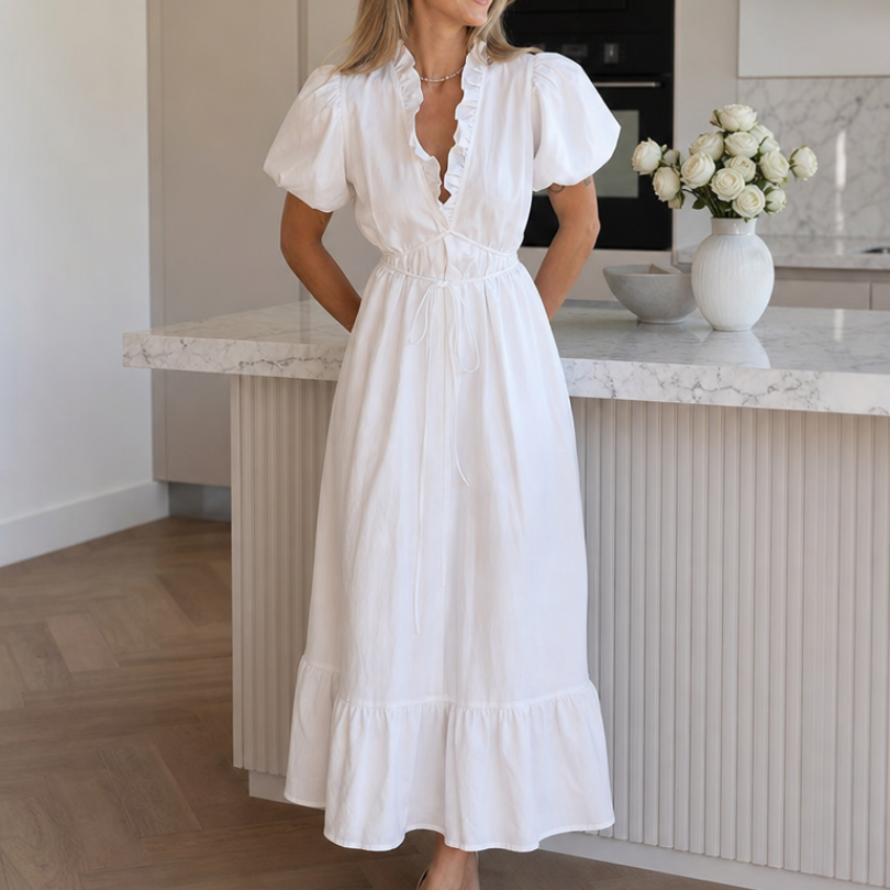 Romina | Short Puff Sleeve Waist Tie Midi Dress