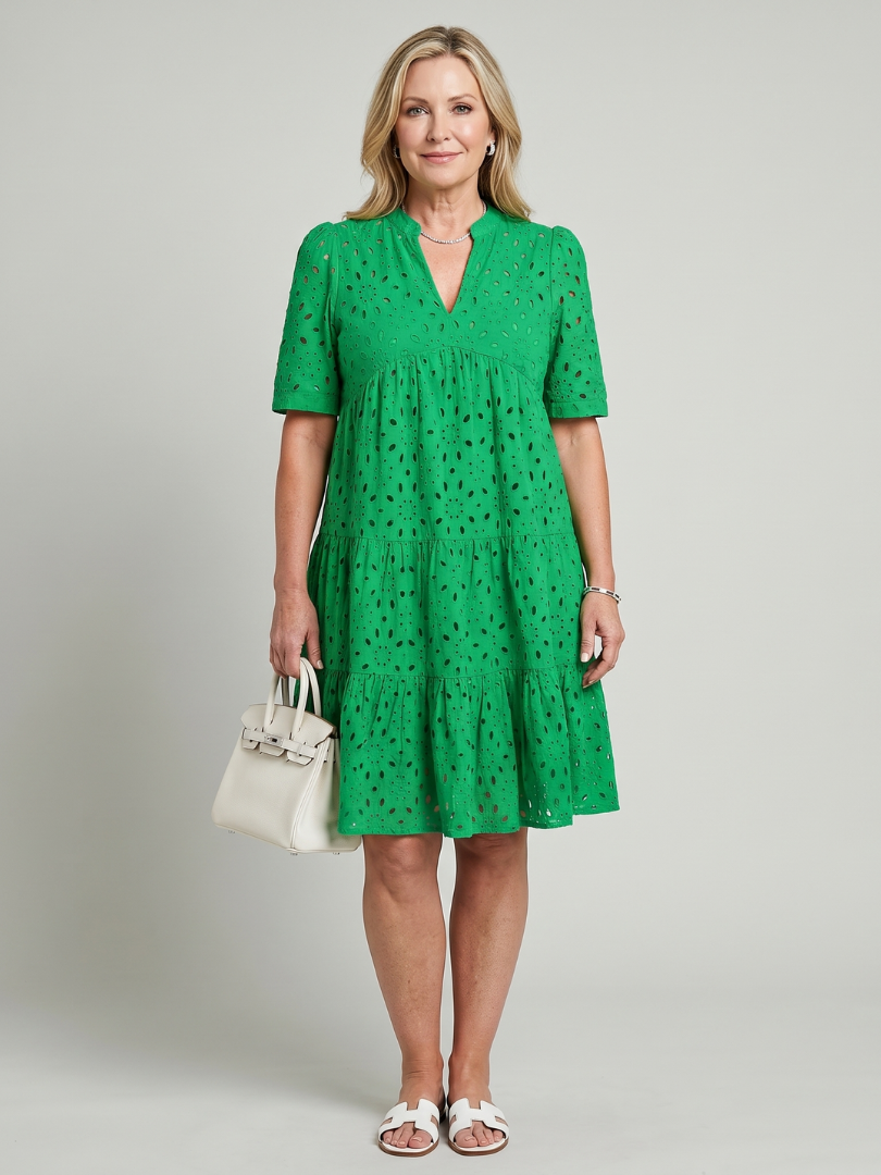 Isarina | Short Sleeve Eyelet Detail Knee Length Dress