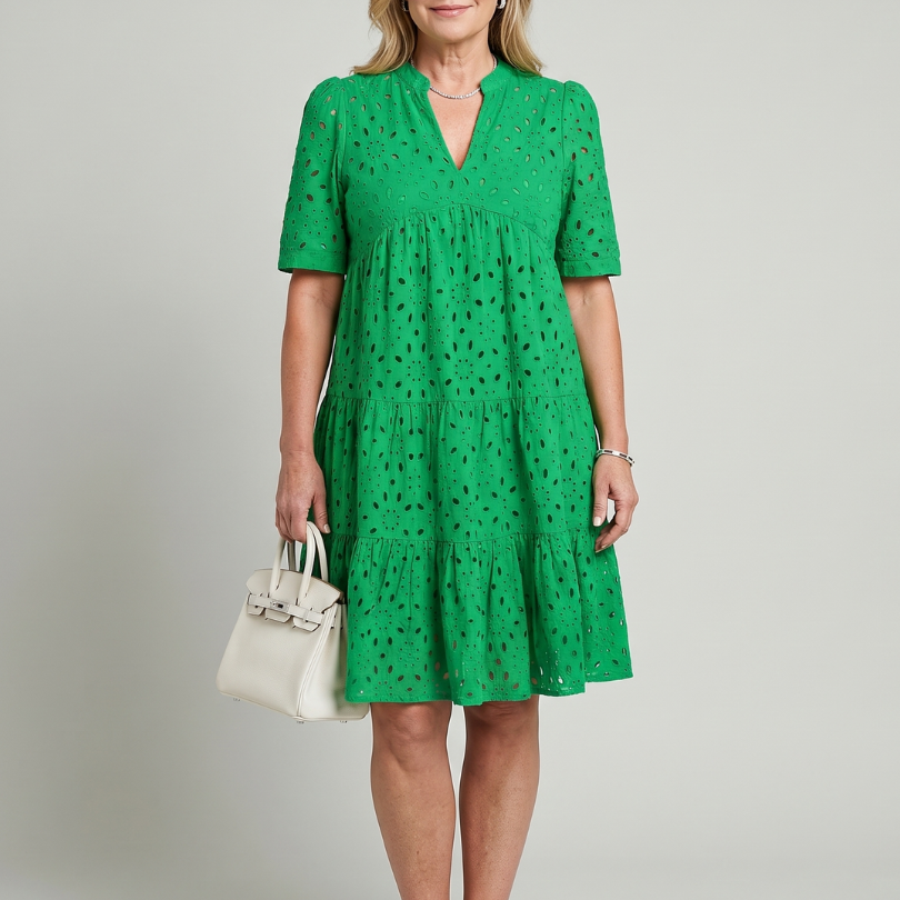 Isarina | Short Sleeve Eyelet Detail Knee Length Dress