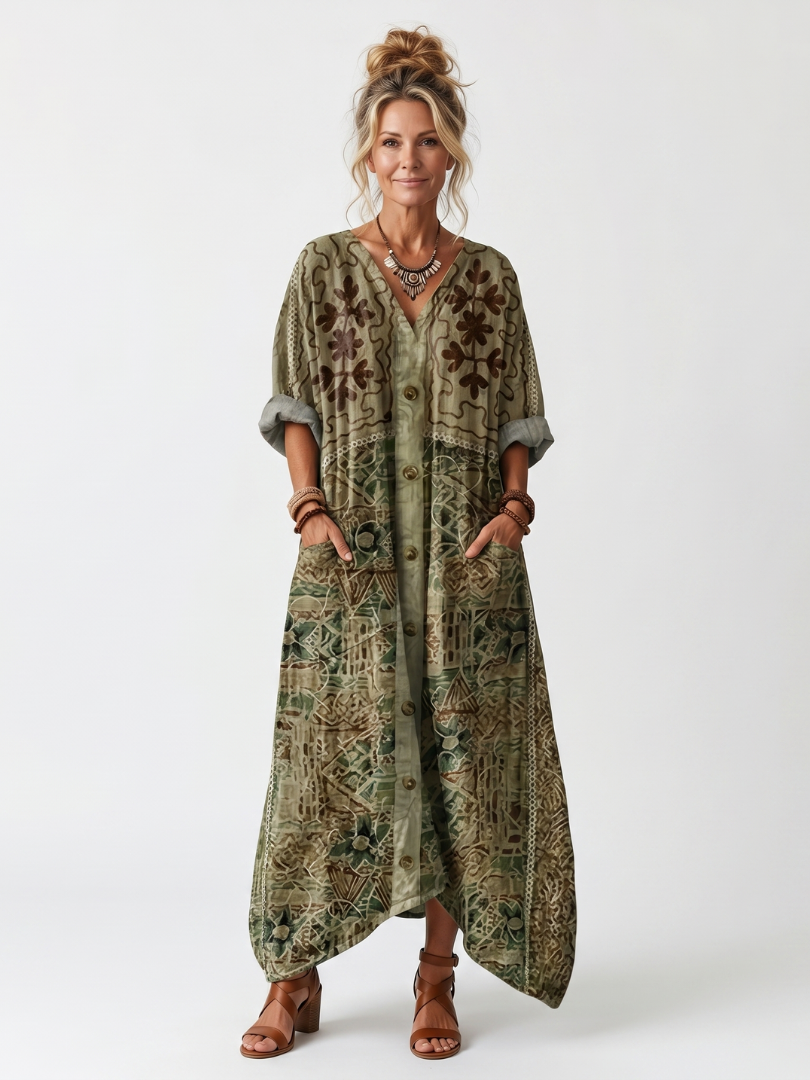 Wrennavia | Button Front Embroidered Oversized Pocket Midi Dress
