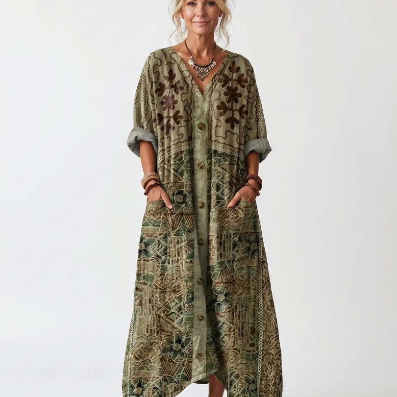 Wrennavia | Button Front Embroidered Oversized Pocket Midi Dress