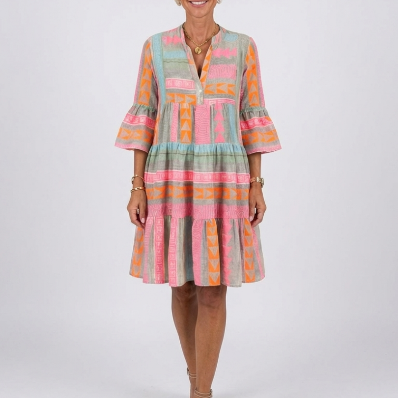 Larsia | Geometric Print V Neck Tiered Knee Length Dress