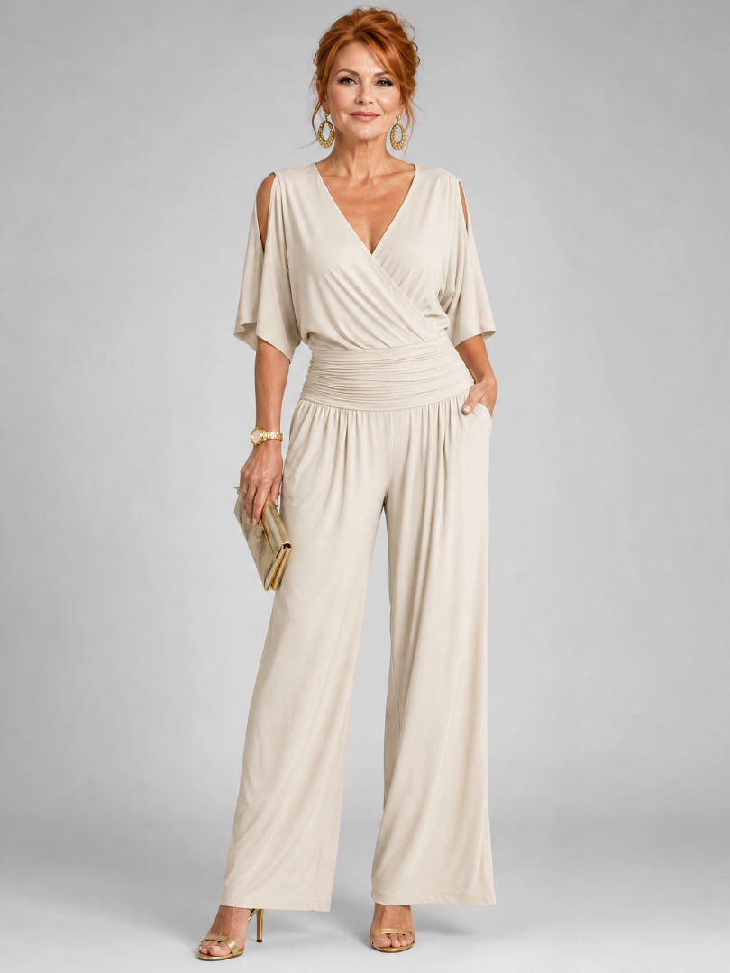 Lioravia | Cold Shoulder Wrap Wide Leg Jumpsuit