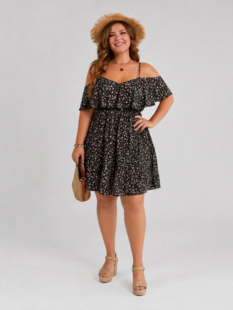 Lilana | Cold Shoulder Ruffle Overlay Knee Length Dress