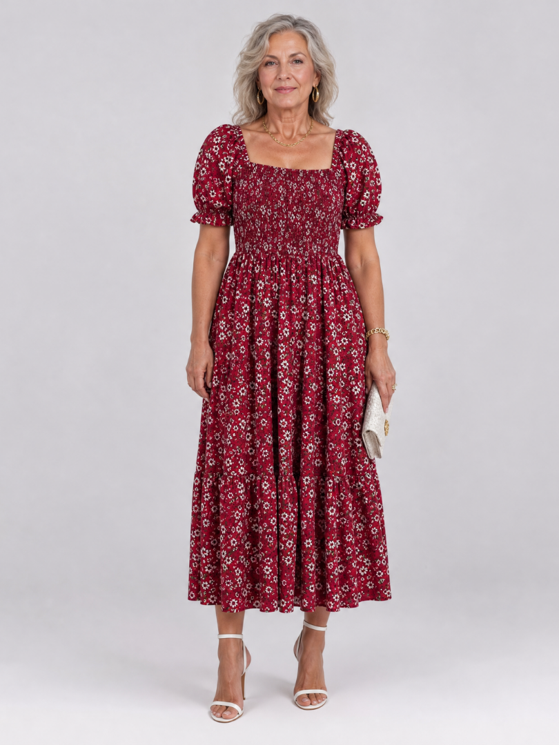 Serrina | Floral Smocked Square Neck Midi Dress