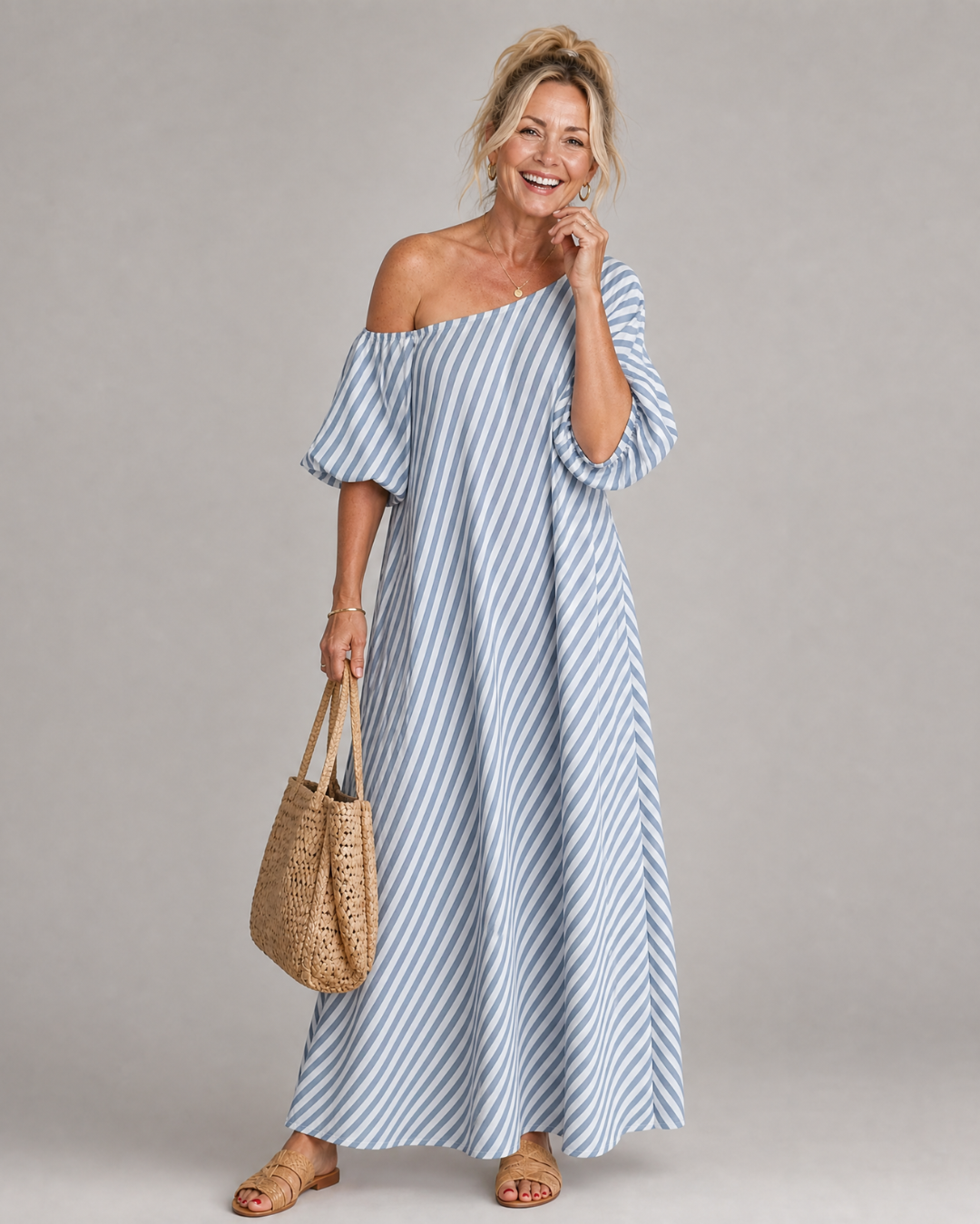 Faela | Striped Off Shoulder Puff Sleeve Midi Dress