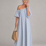 Faela | Striped Off Shoulder Puff Sleeve Midi Dress