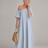 Faela | Striped Off Shoulder Puff Sleeve Midi Dress