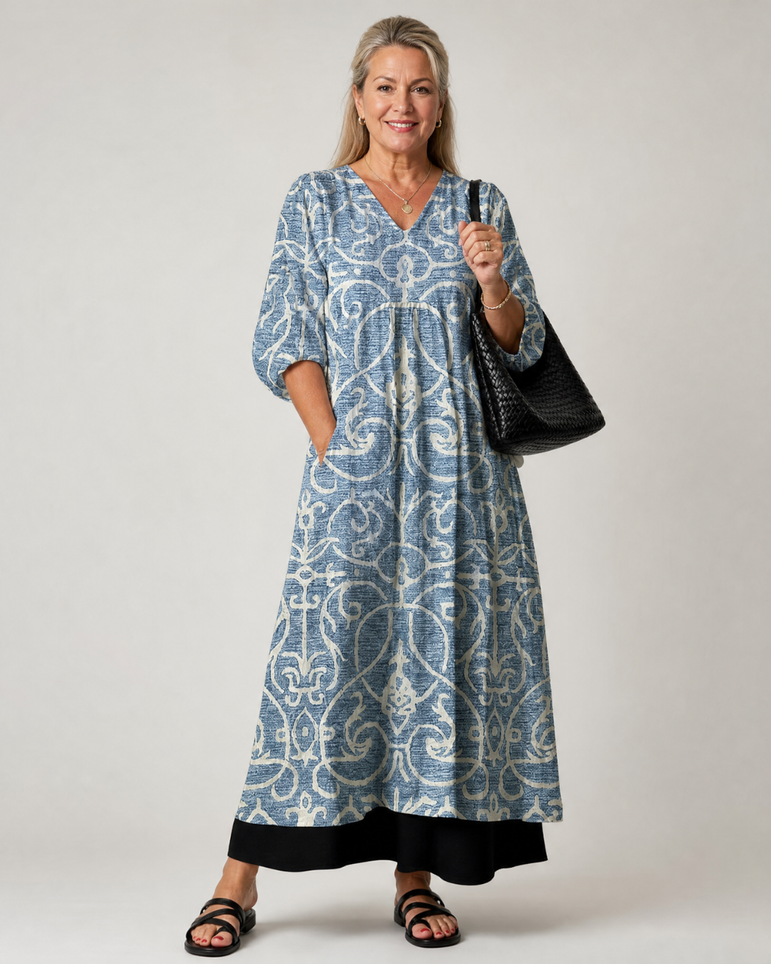 Verra | Vintage Scroll Print Soft Drape Midi Dress