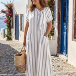 Halthea | Short Sleeve Striped Tie Neck Pocket Midi Dress