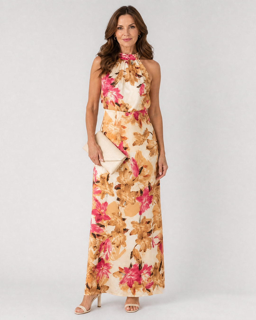 Hilandra | Botanical Print Halter Neck Flowing Midi Dress