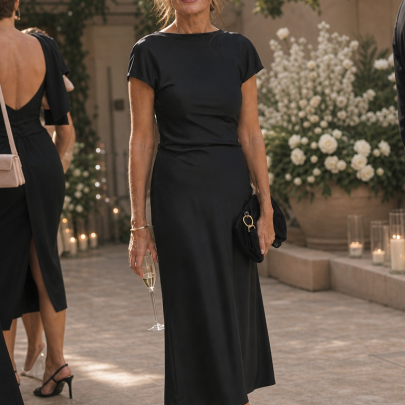 Corette | Short Sleeve Boat Neck Fitted Silhouette Midi Dress