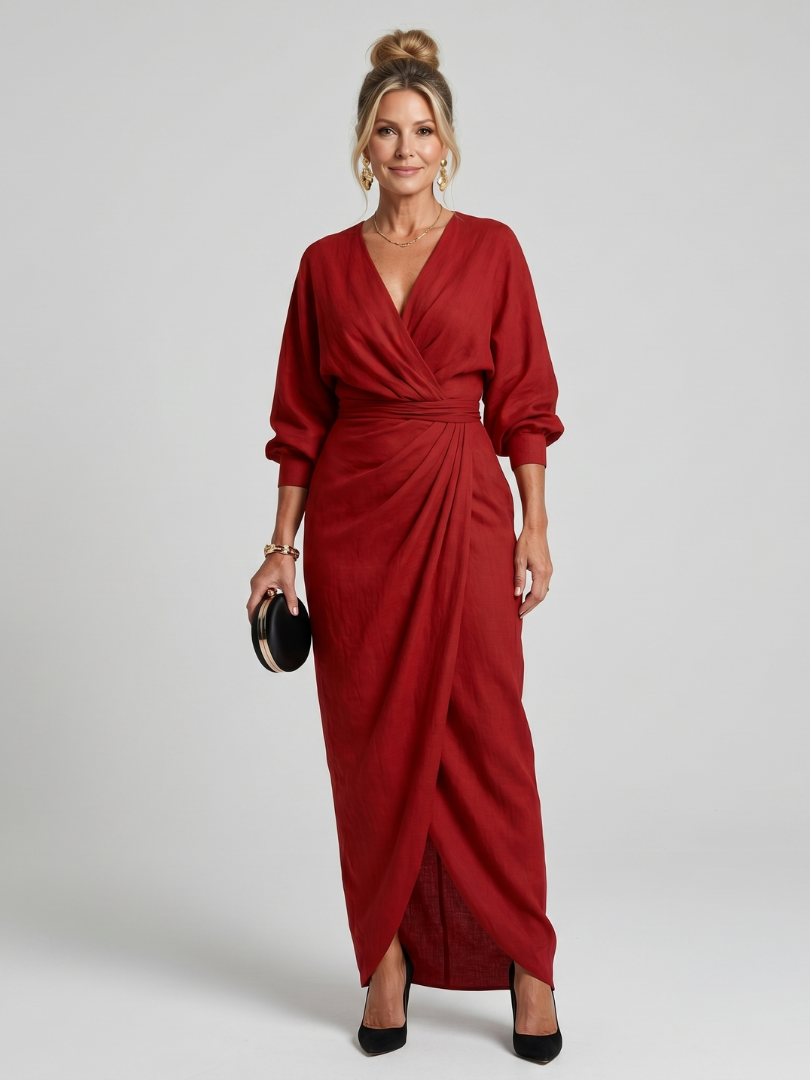 Senda | Long Sleeve Wrap Overlap Skirt Midi Dress