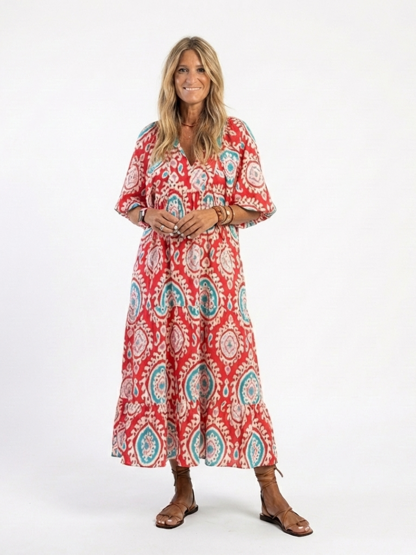 Lilasette | Paisley Print V Neck Short Sleeve Midi Dress