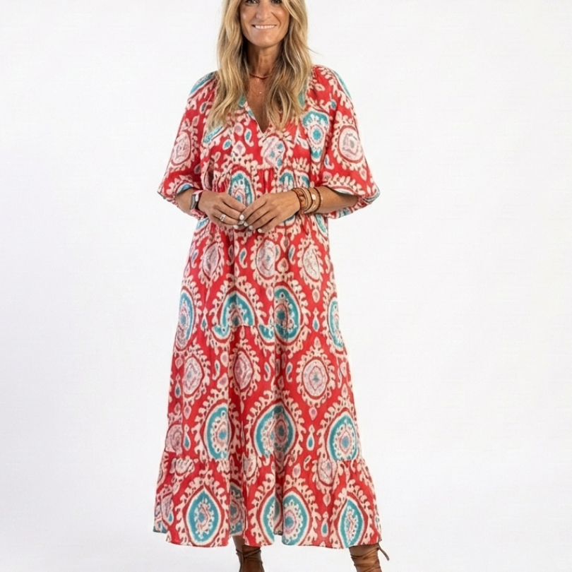 Lilasette | Paisley Print V Neck Short Sleeve Midi Dress