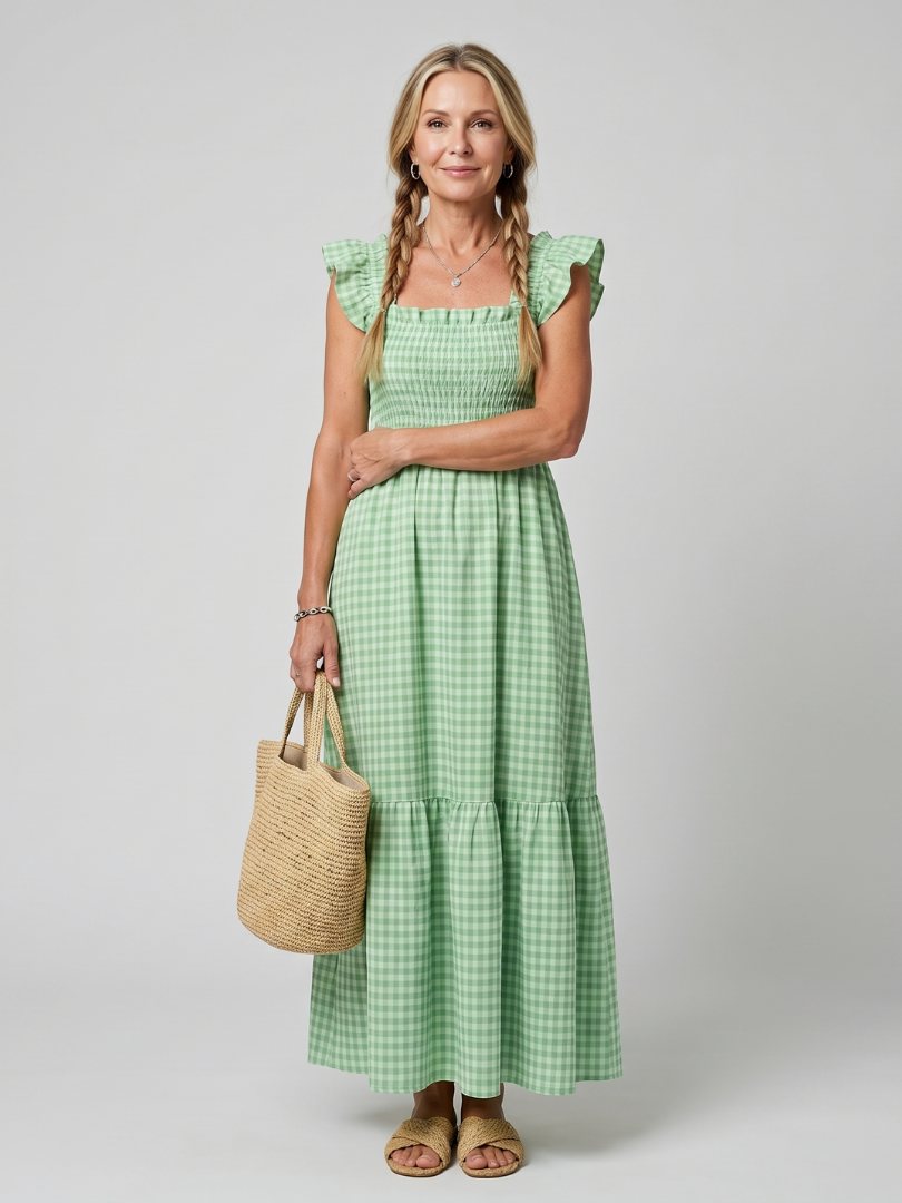 Sabdra | Sleeveless Square Neck Gingham Pattern Midi Dress