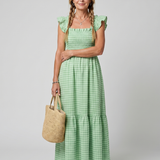 Sabdra | Sleeveless Square Neck Gingham Pattern Midi Dress