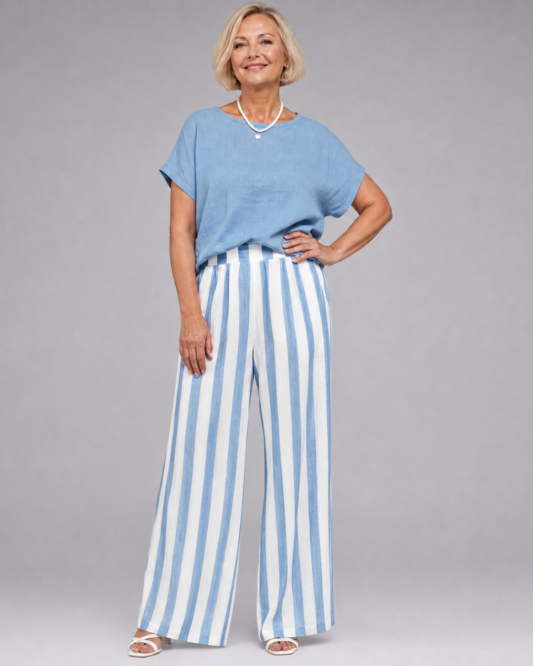 Magdara | Linen Blend Top And Striped Wide Leg Pants Set