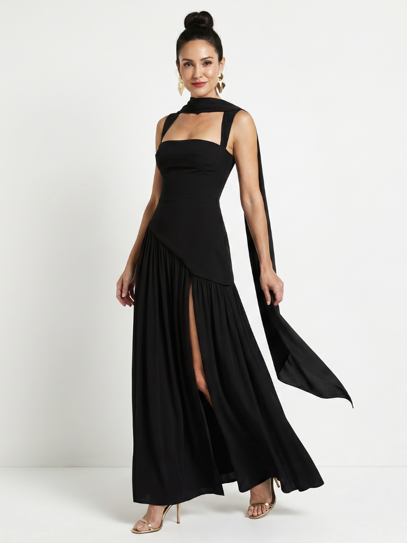 Fleurbelle | Cutout Neck Pleated Slit Maxi Dress