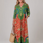 Tesra | Abstract Vintage Print Relaxed Three Quarter Sleeve Midi Dress