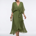 Mirmarie | V Neck Draped Waist Tie Midi Dress