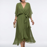 Mirmarie | V Neck Draped Waist Tie Midi Dress