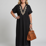 Kalthea | Short Sleeve V Neck  Embroidered Detail Midi Dress
