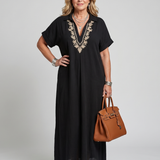 Kalthea | Short Sleeve V Neck  Embroidered Detail Midi Dress