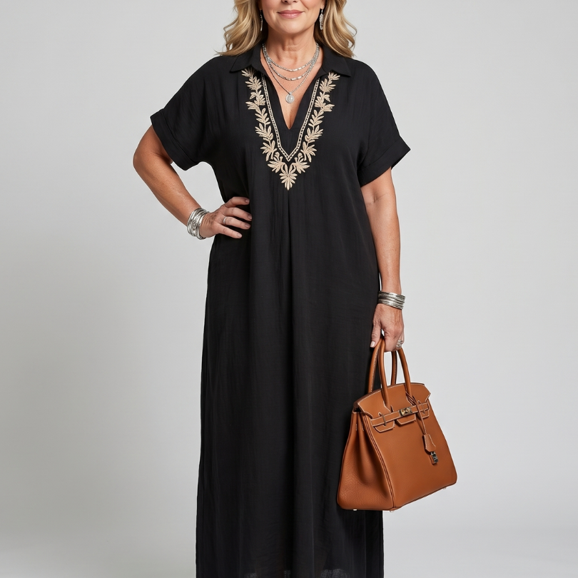Kalthea | Short Sleeve V Neck  Embroidered Detail Midi Dress