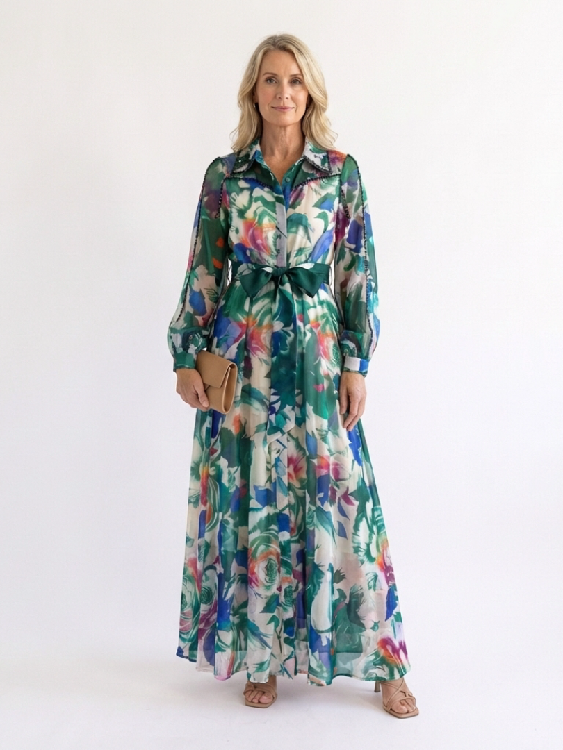 Camndra | Long Sleeve Printed Belted Maxi Dress