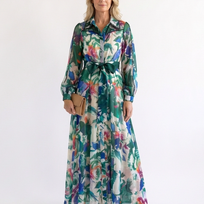 Camndra | Long Sleeve Printed Belted Maxi Dress