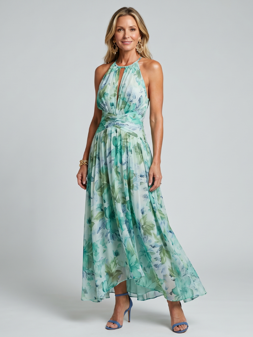 Milmarie | Pleated Halter Soft Floral Pattern Midi Dress