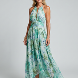 Milmarie | Pleated Halter Soft Floral Pattern Midi Dress